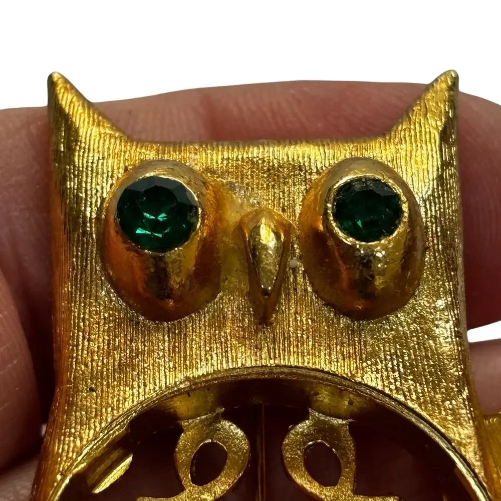 Vintage Avon Owl Perfume Brooch Locket Goldtone & green rhinestones